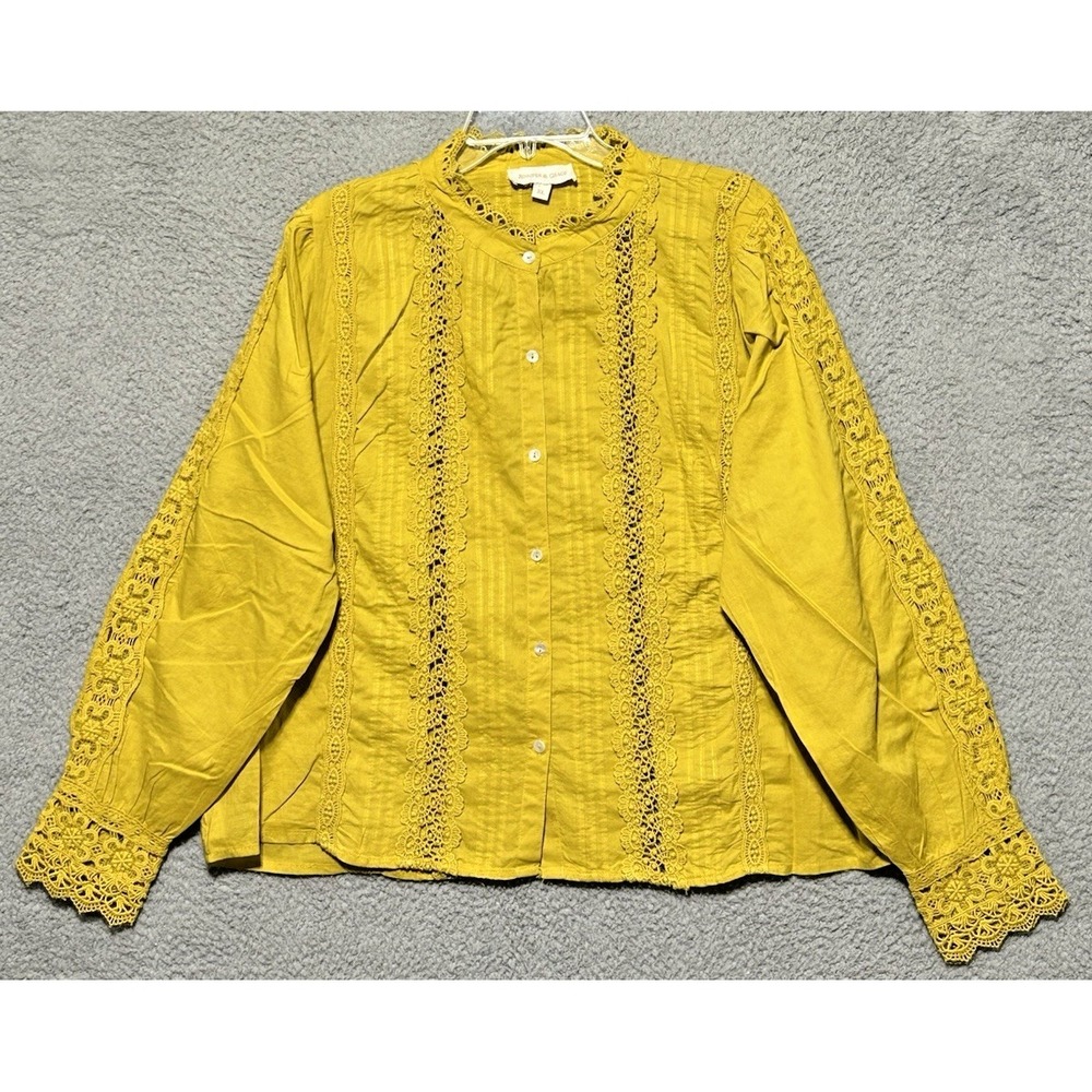 Jennifer & Grace Yellow Embroidery Eyelet Boho Top Sz XL Cottagecore Peasant